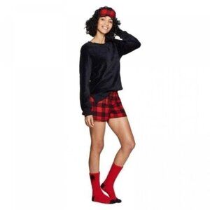 Women’s Christmas Lounge Set Black Top & Red Buffalo Plaid Shorts